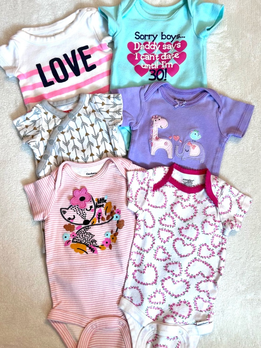 6-Piece Newborn Baby Girls Onesies Set — Like New!